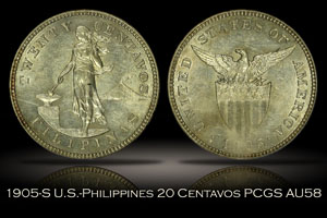 1905-S U.S.-Philippines 20 Centavos PCGS AU58