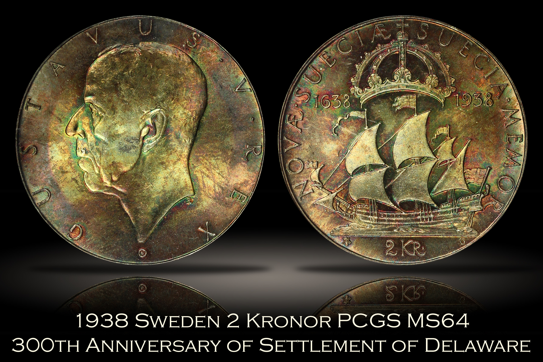 1938-G Sweden 2 Kronor Delaware Anniversary PCGS MS64