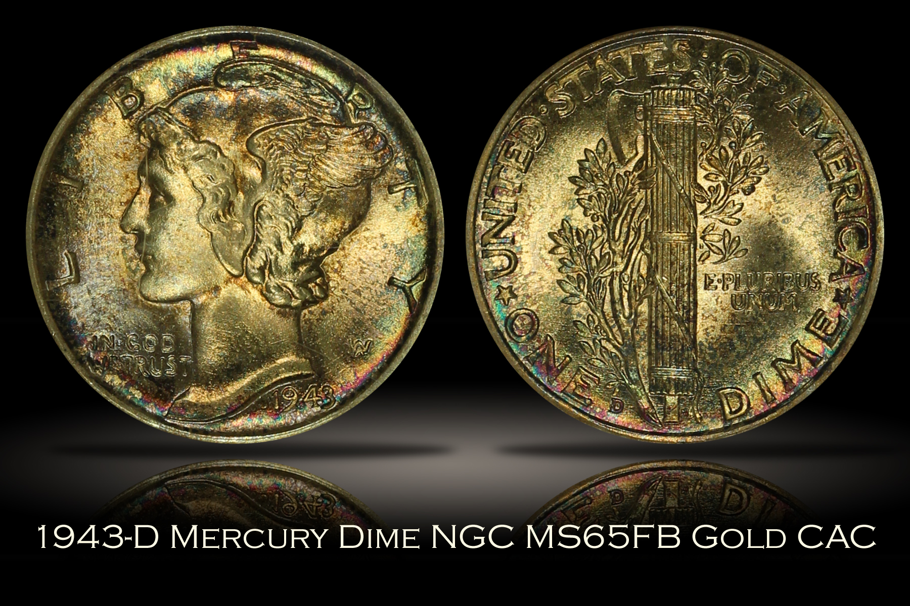 1943-D Mercury Dime NGC MS65FB OGH Rattler GOLD CAC