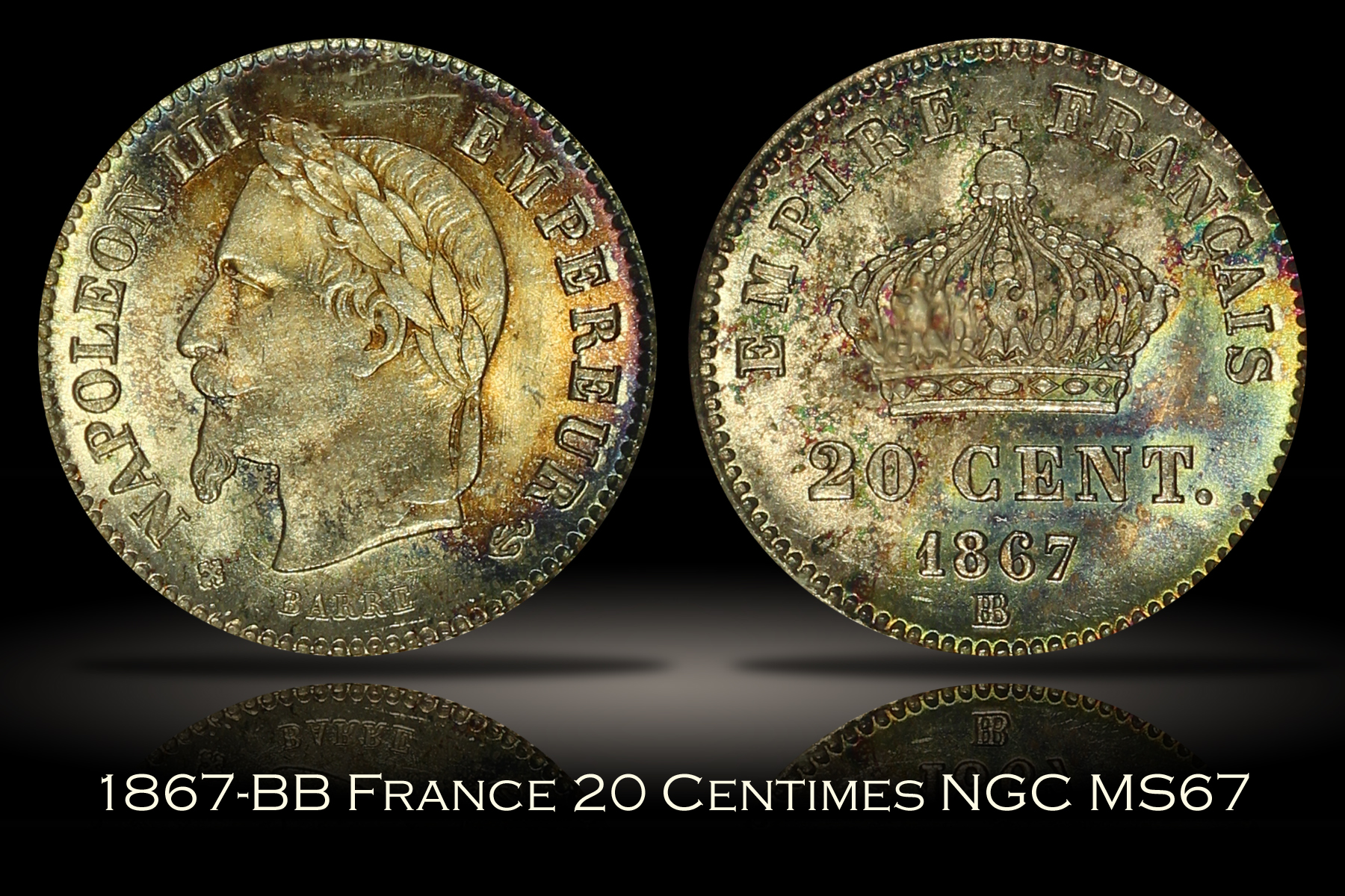 1867-BB France 20 Centimes NGC MS67