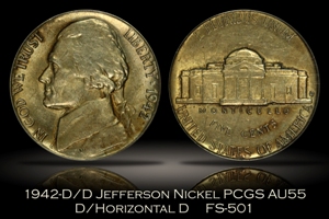 1942-D/D Jefferson Nickel FS-501 D/Horizontal D PCGS AU55