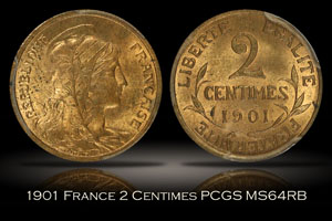 1901 France 2 Centimes PCGS MS64RB