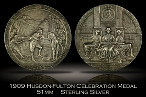 1909 Hudson-Fulton Celebration 51mm Sterling Silver Medal XF