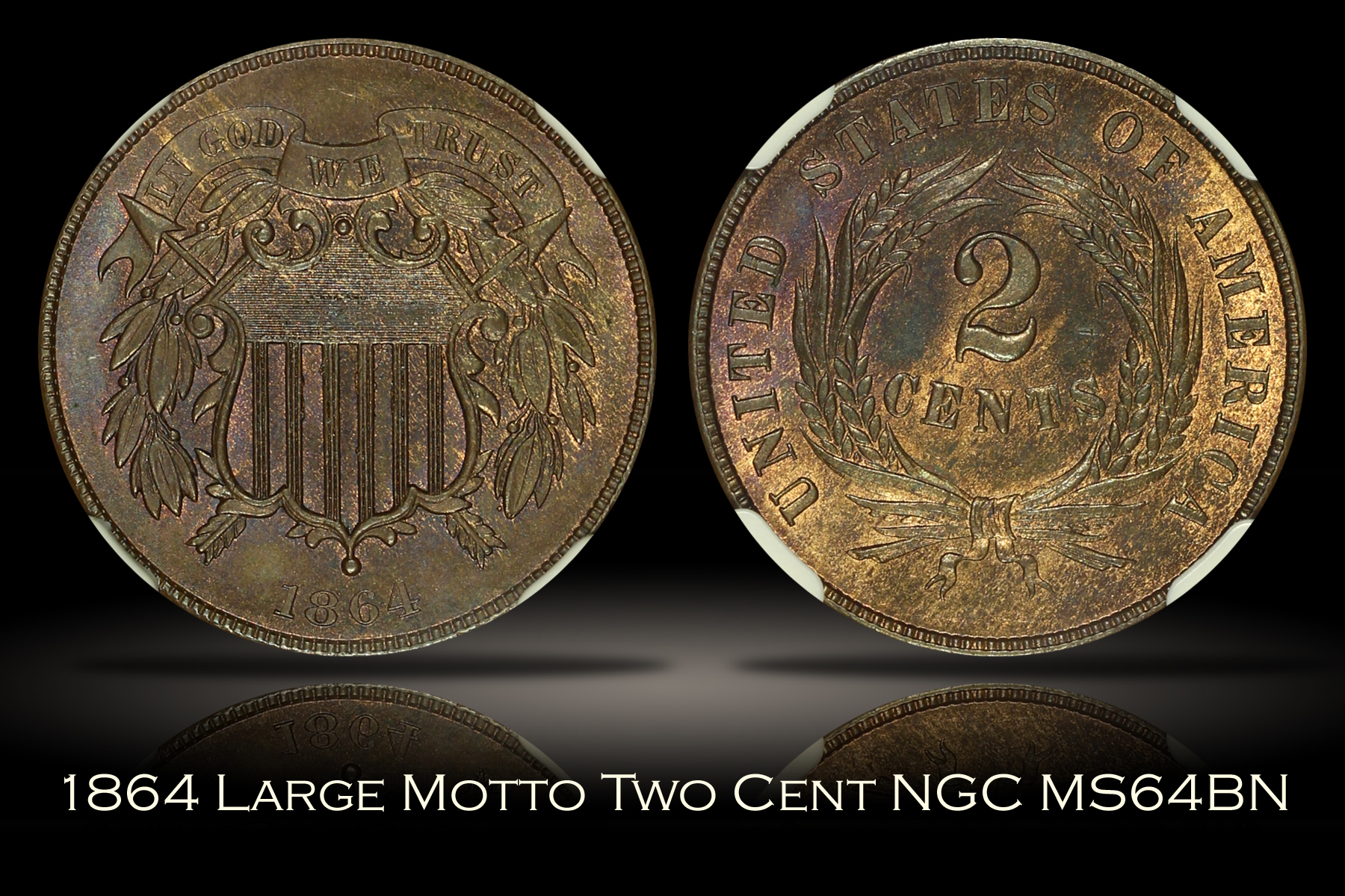 1864 Large Motto Two Cent NGC MS64BN