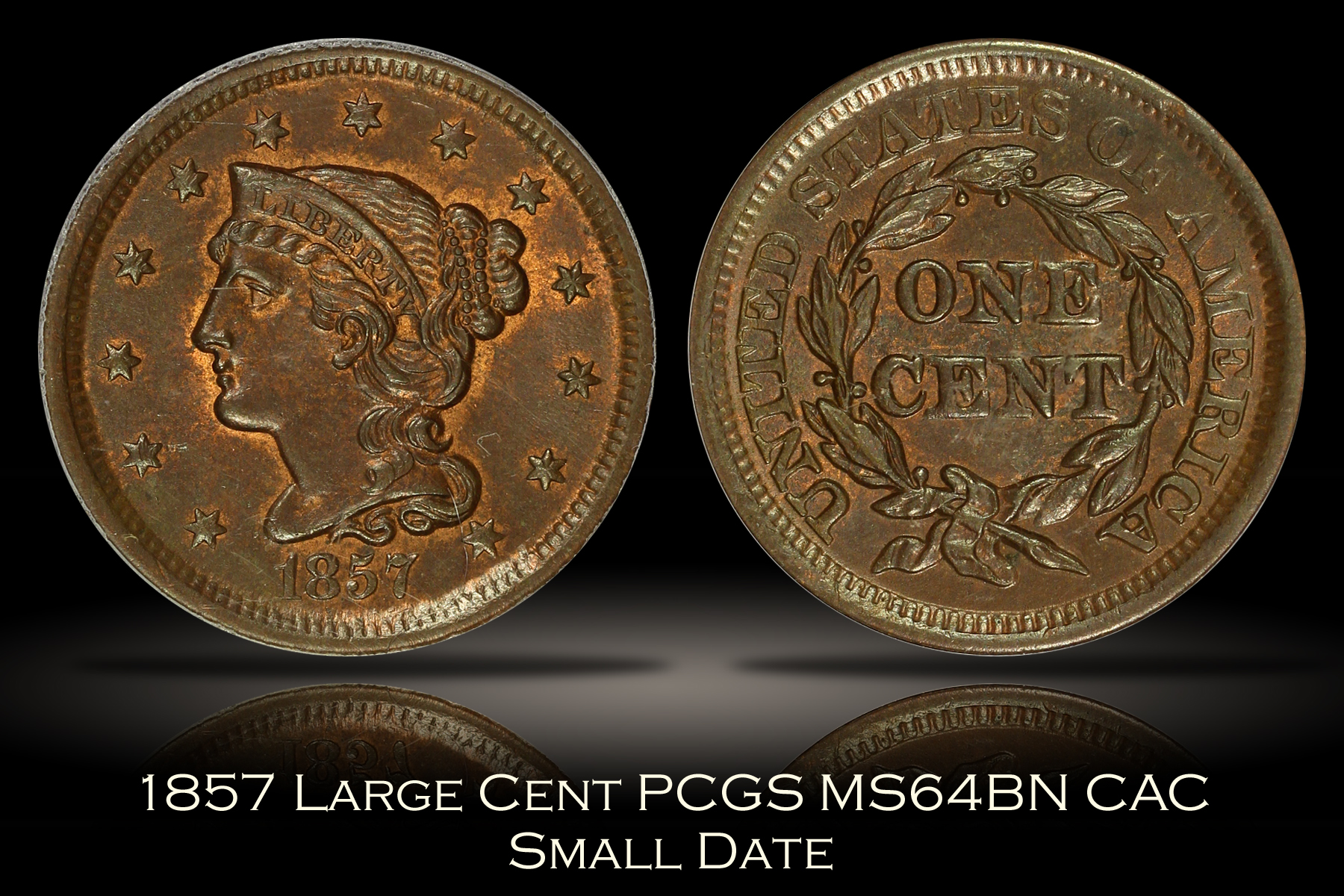 1857 Small Date Large Cent PCGS MS64BN CAC
