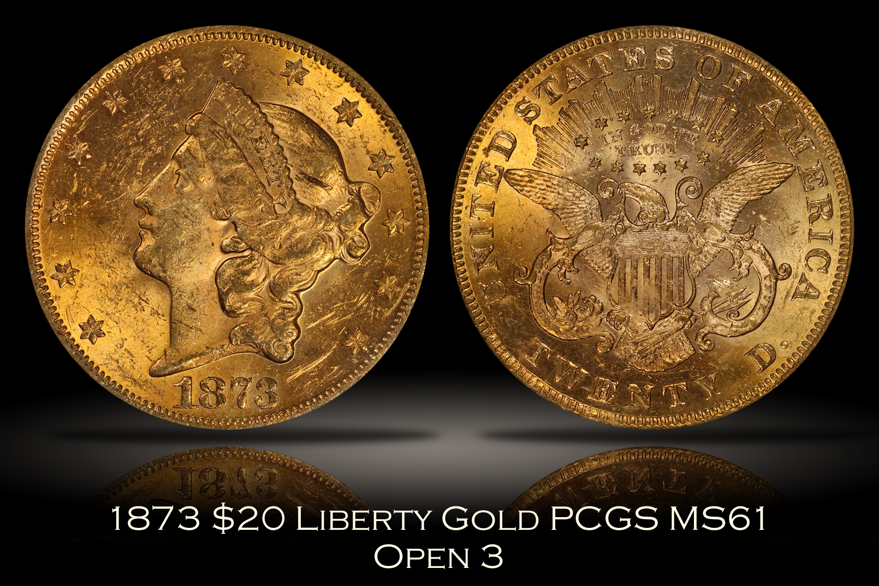 1873 $20 Liberty Gold Open 3 PCGS MS61