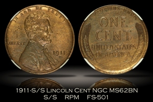 1911-S/S Lincoln Cent FS-501 NGC MS62BN