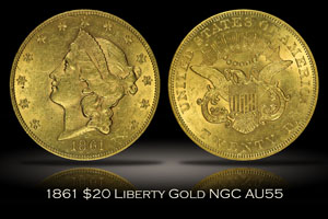 1861 $20 Liberty Gold NGC AU55