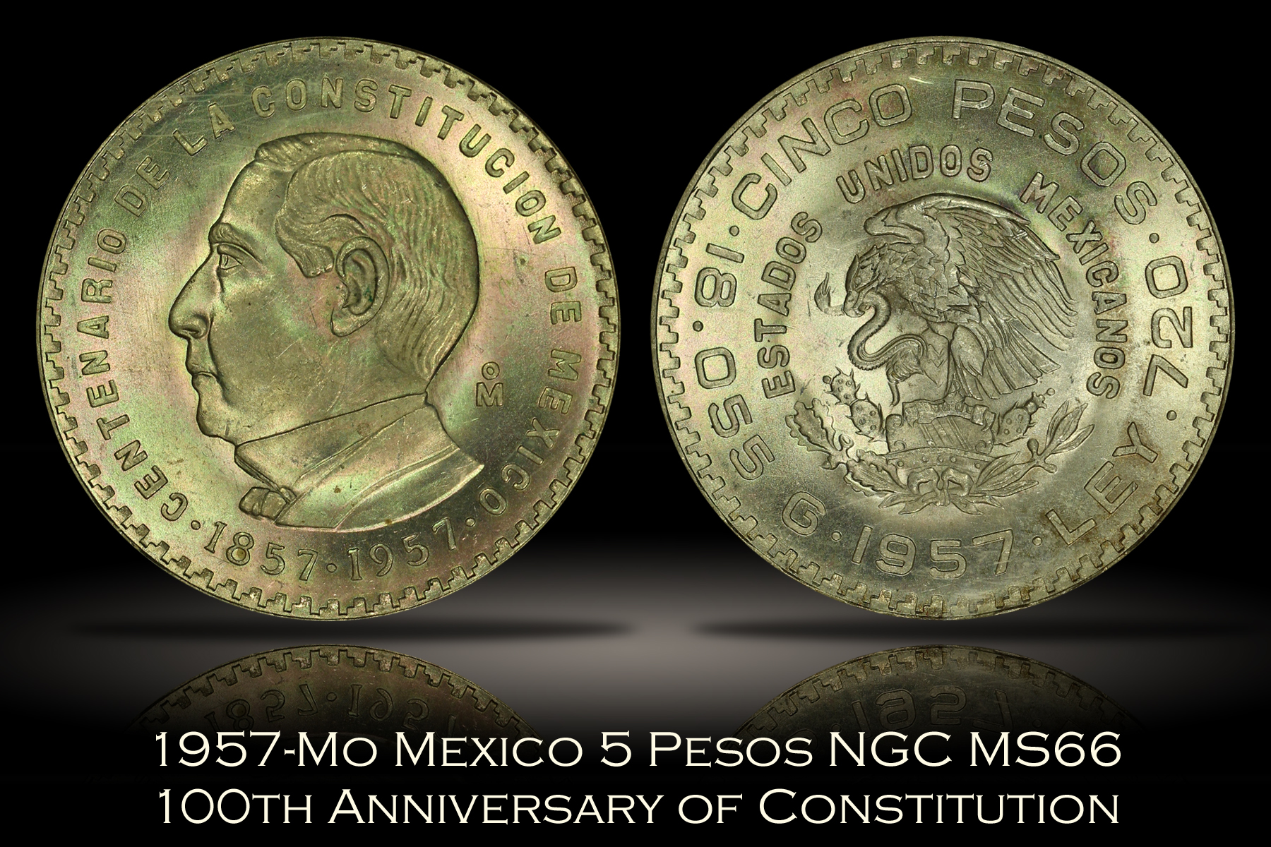 1957-Mo Mexico 5 Pesos 100th Anniversary of Constitution NGC MS66