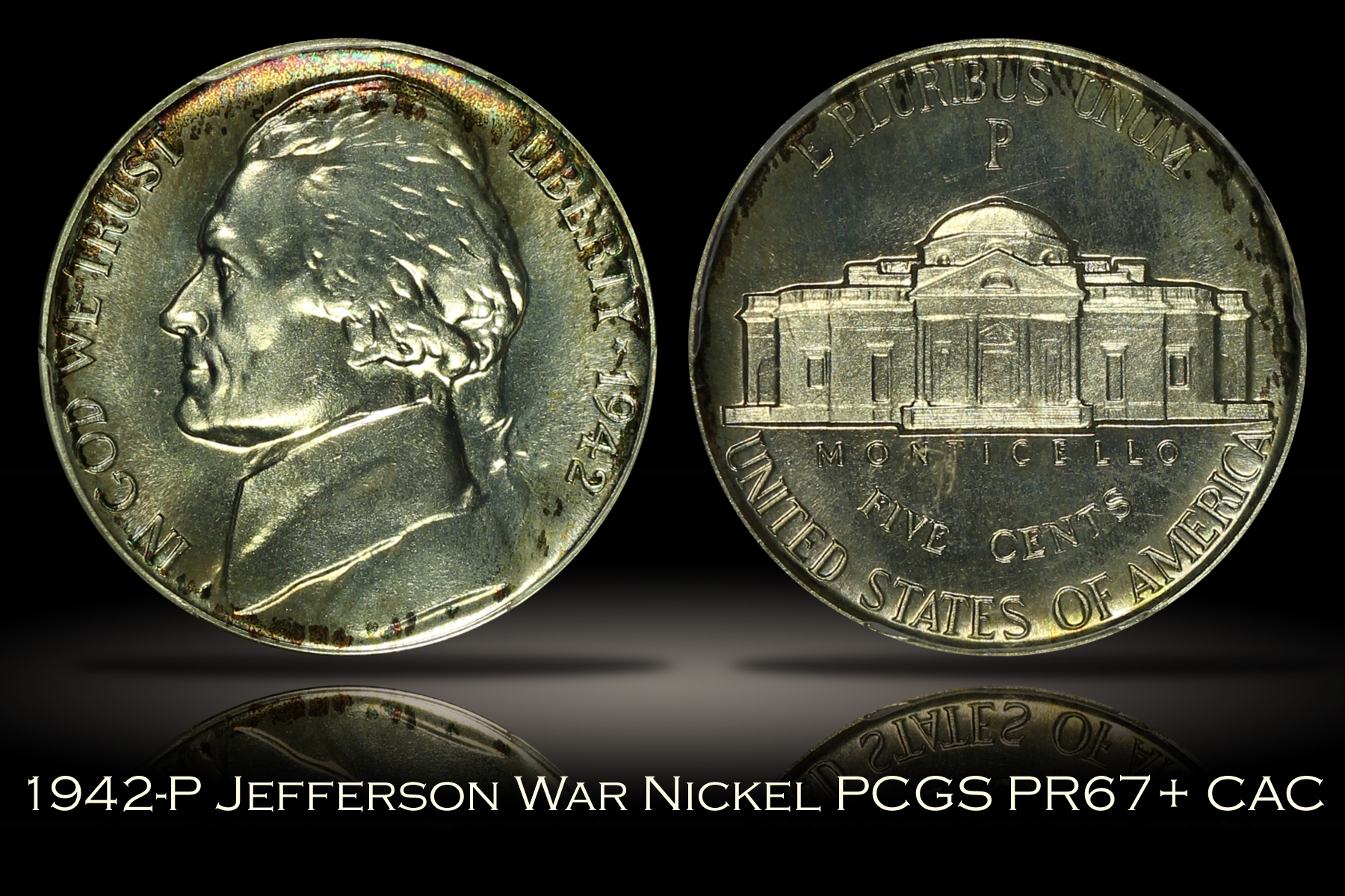 1942-P Proof Type 2 Jefferson War Nickel PCGS PR67+ CAC