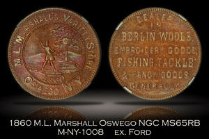 1860 M.L. Marshall Oswego M-NY-1008 NGC MS65RB