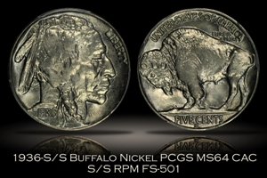 1936-S/S Buffalo Nickel FS-501 PCGS MS64 CAC