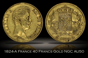 1824-A France 40 Francs Gold NGC AU50