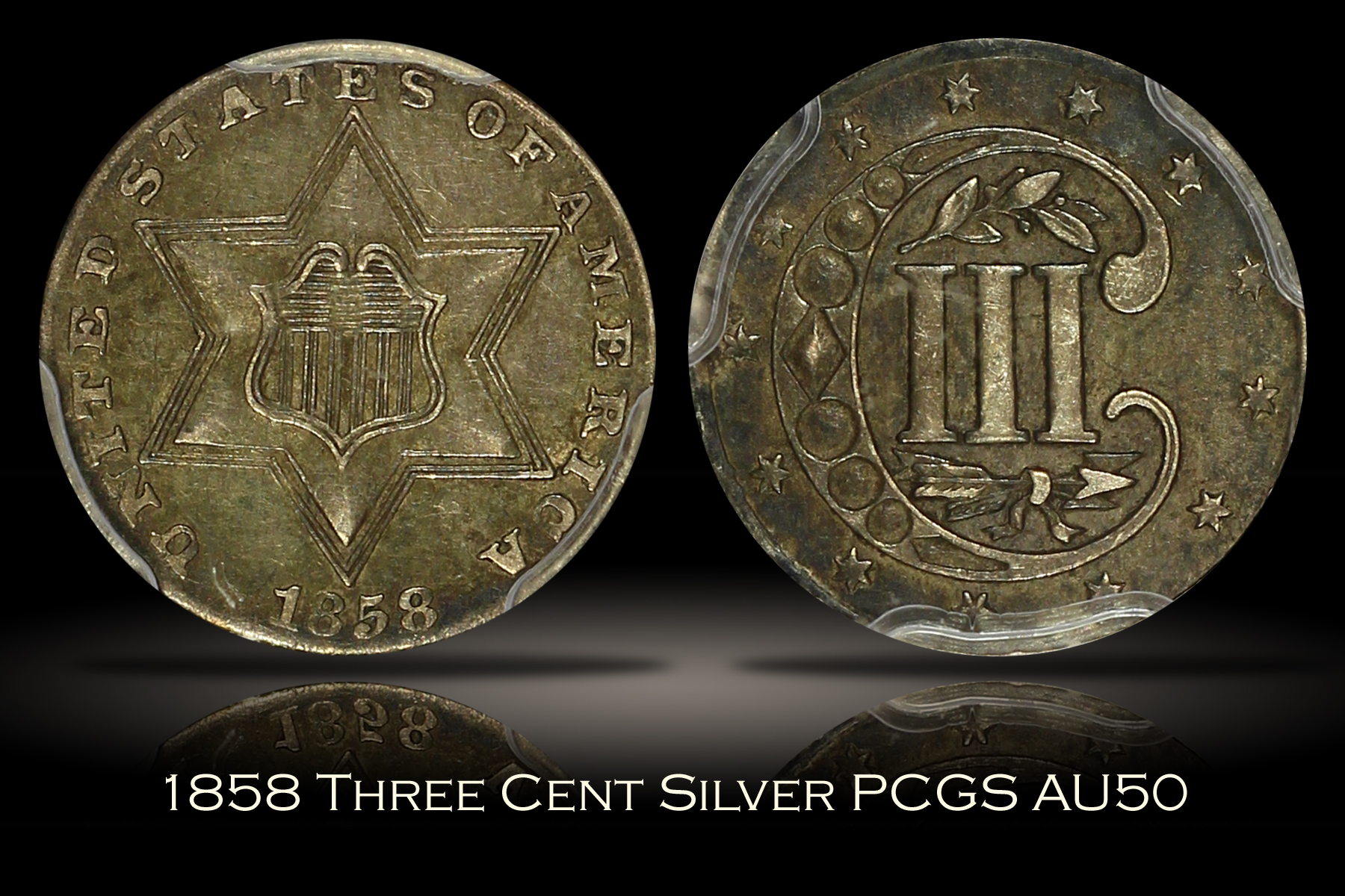 1858 Three Cent Silver PCGS AU50