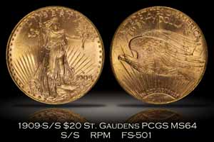 1909-S/S $20 St. Gaudens Gold RPM FS-501 PCGS MS64