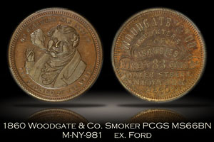 1860 Woodgate & Co. Smoker Token M-NY-981 PCGS MS66BN