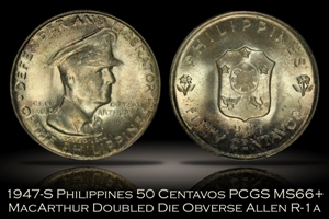 1947-S Philippines MacArthur 50 Centavos PCGS MS66+