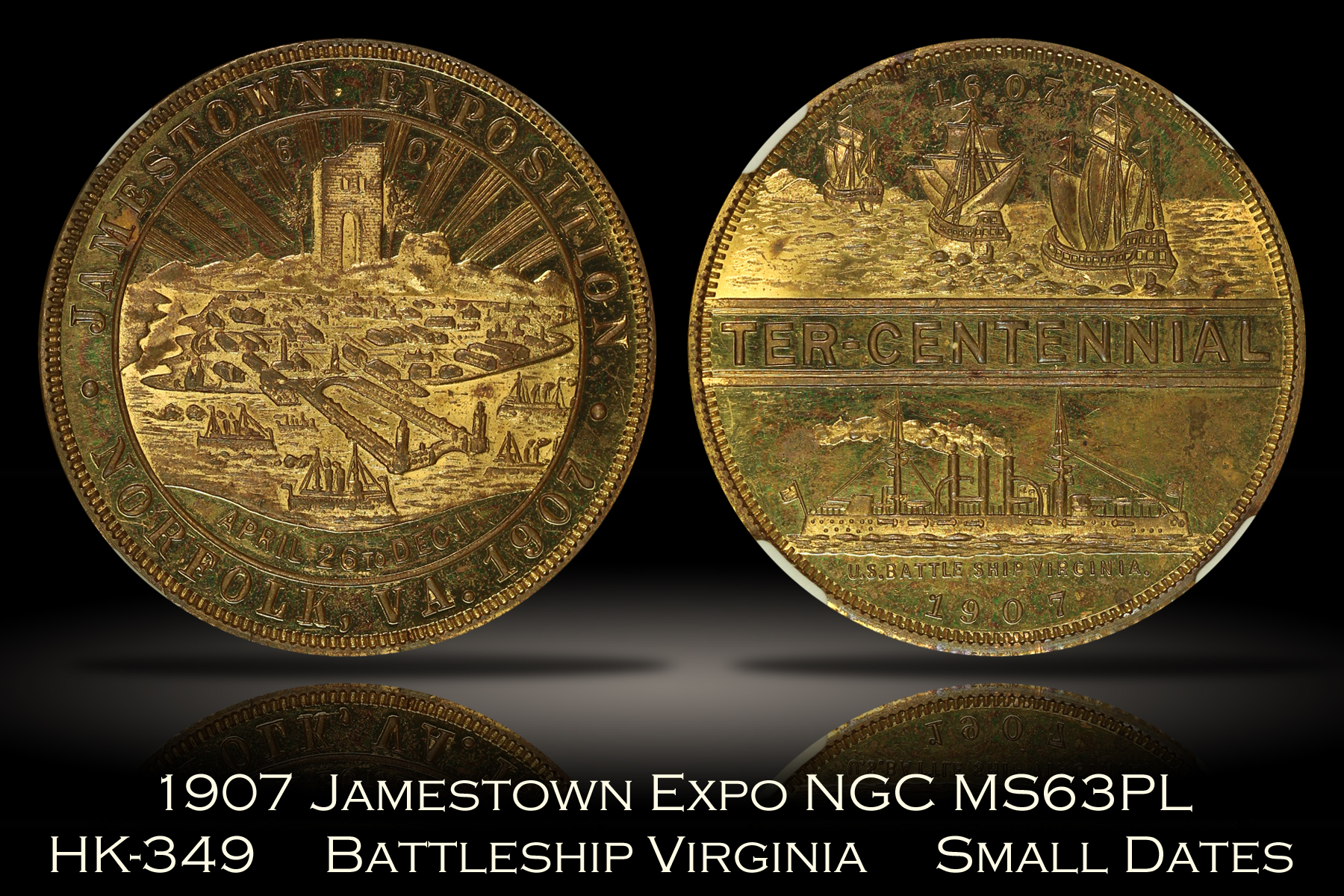1907 Jamestown Expo Battleship Virginia Small Dates HK-349 PCGS MS63PL