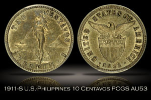1911-S U.S.-Philippines 10 Centavos PCGS AU53