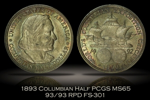 1893 Columbian Half RPD FS-301 PCGS MS65