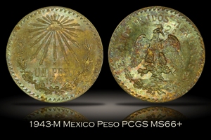 1943-M Mexico Peso PCGS MS66+