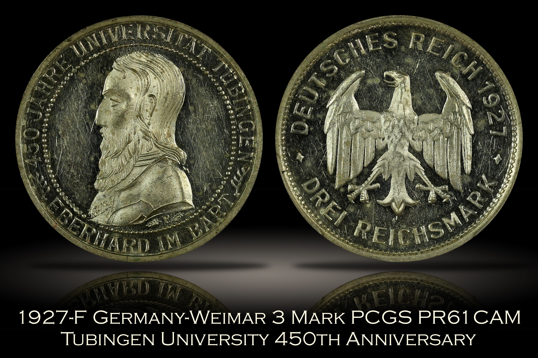 1927-F Germany 3 Mark Tubingen University PCGS PR61CAM