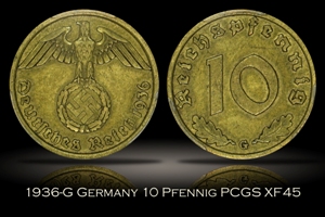 1936-G Germany Third Reich 10 Reichpfennig PCGS XF45