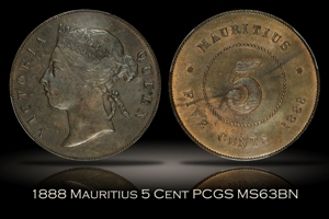 1888 Mauritius 5 Cent PCGS MS63BN