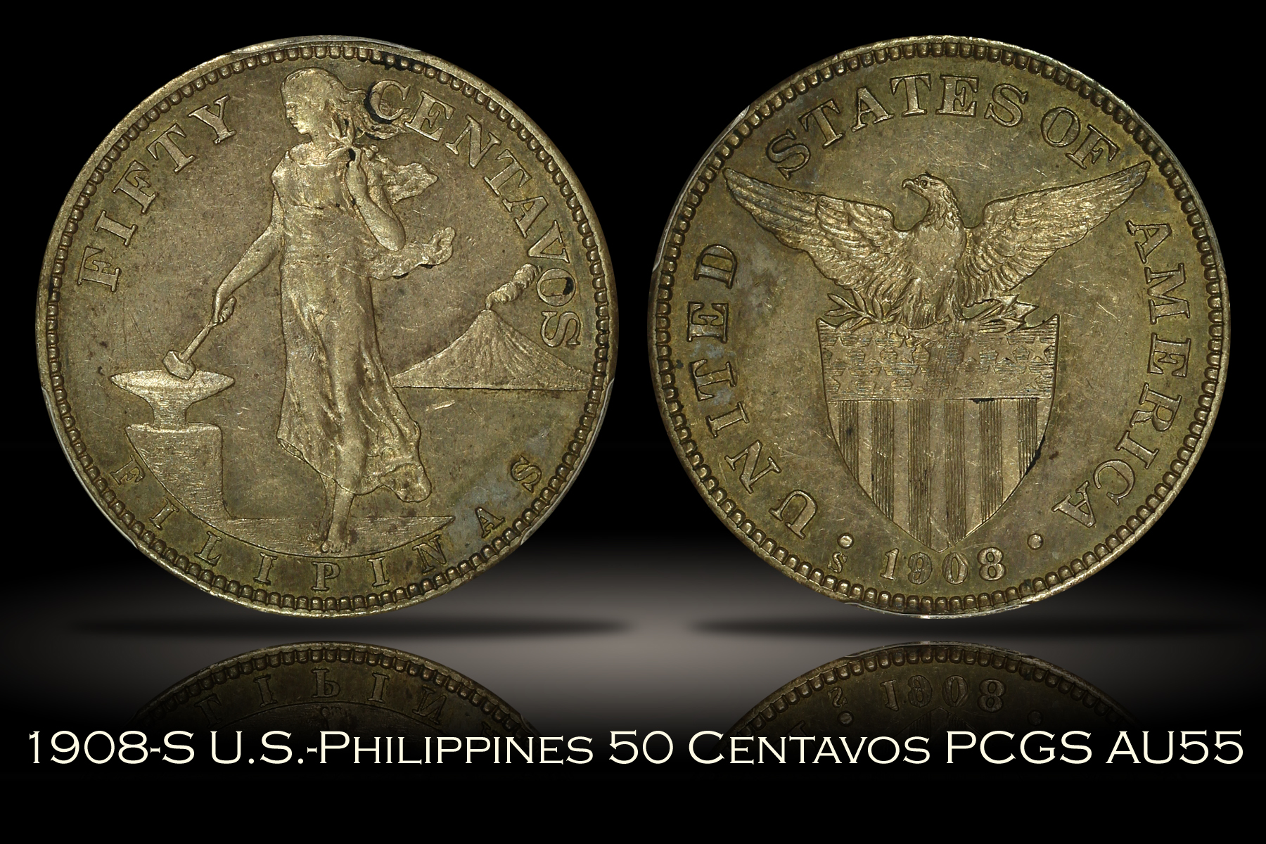 1908-S U.S.-Philippines 50 Centavos PCGS AU55