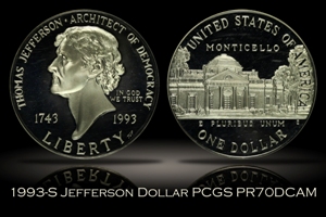 1993-S Proof Jefferson Commemorative Silver Dollar PCGS PR70DCAM
