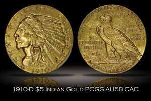 1910-D $5 Indian Head Gold PCGS AU58 CAC