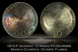 1972-F Germany 10 Marks Munich Olympics Flames PCGS MS66