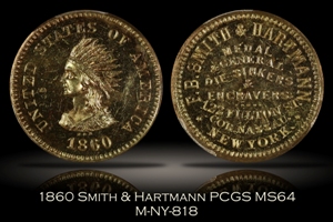 1860 Smith & Hartmann Indian Token NY-818 PCGS MS64
