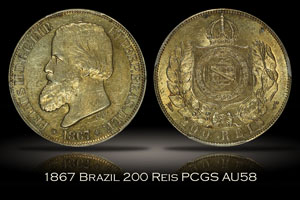 1867 Brazil 200 Reis PCGS AU58