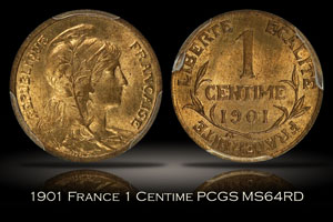 1901 France 1 Centime PCGS MS64RD