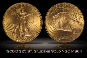 1908-D $20 w/ Motto St. Gaudens Gold NGC MS64