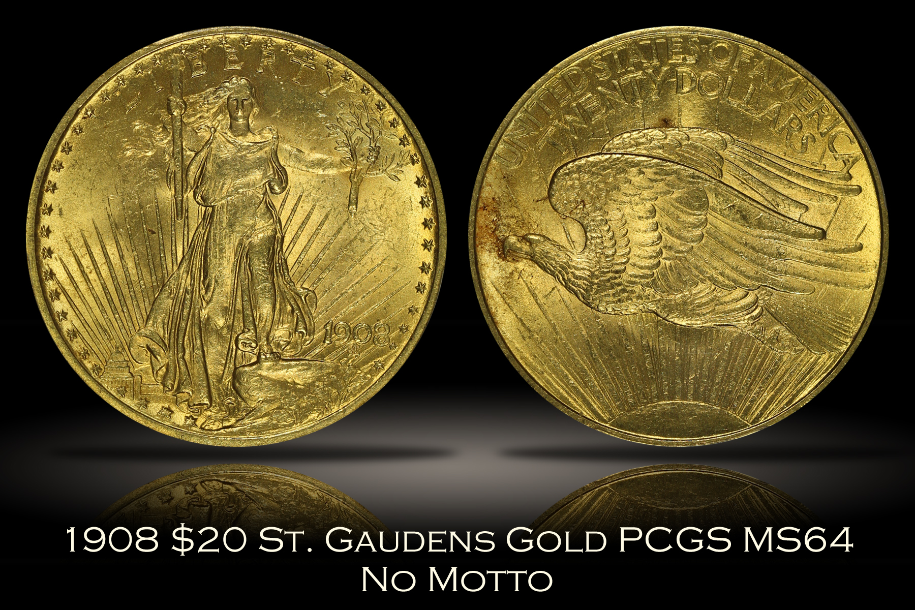 1908 No Motto $20 St. Gaudens Gold PCGS MS64