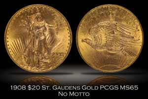 1908 $20 No Motto St. Gaudens Gold PCGS MS65