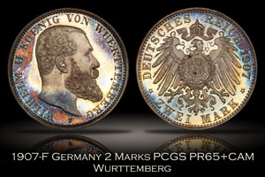 1907-F Germany Wurttemberg Proof 2 Mark PCGS PR65+CAM