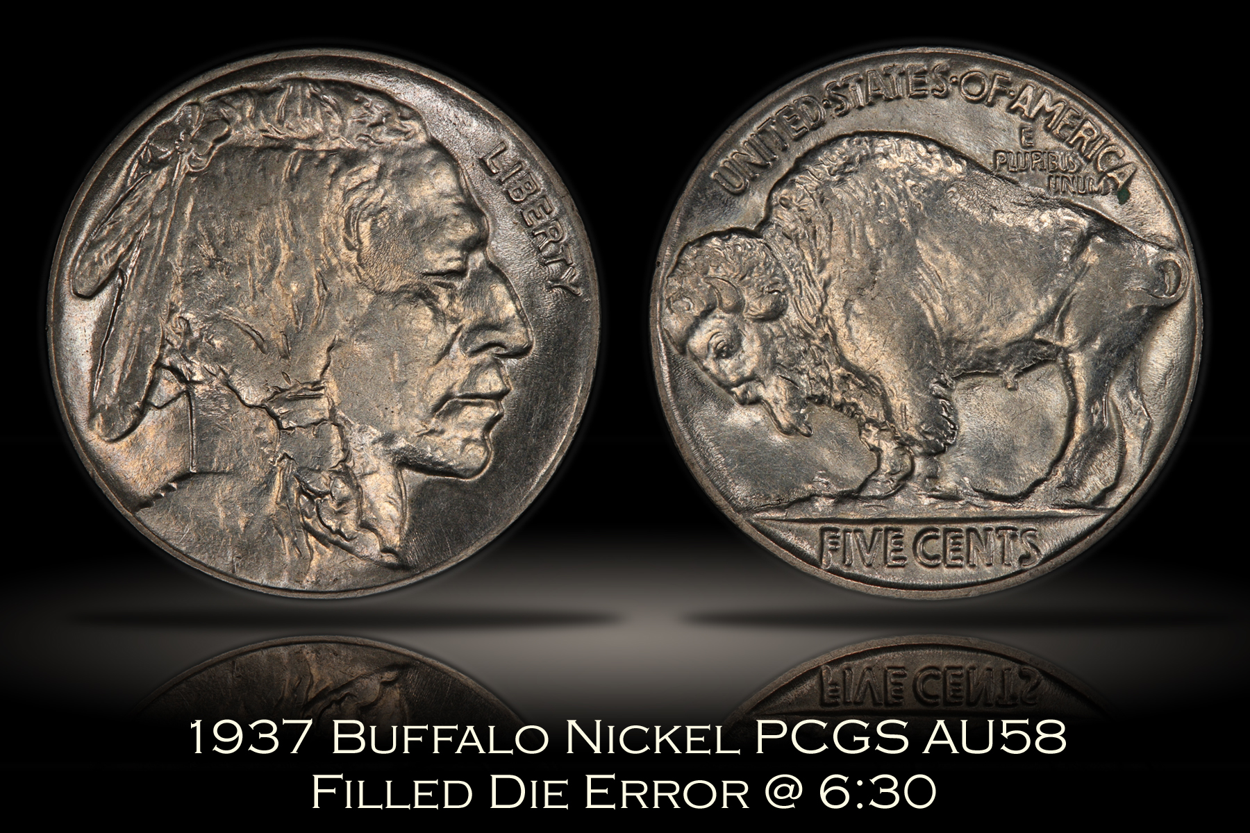 1937 Buffalo Nickel Filled Die Mint Error PCGS AU58