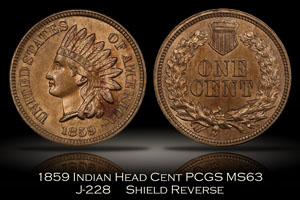 1859 Shield Reverse J-228 Indian Head Cent PCGS MS63