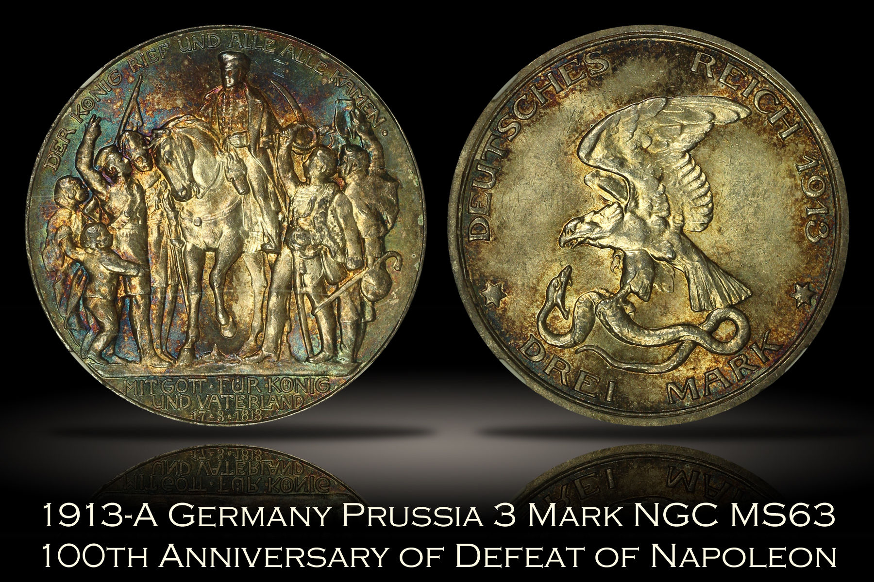 1913-A Germany Prussia 3 Mark Napoleon Defeat NGC MS63