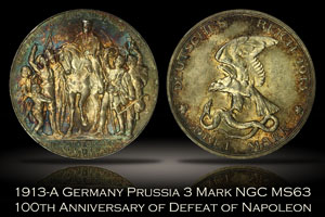 1913-A Germany Prussia 3 Mark Napoleon Defeat NGC MS63