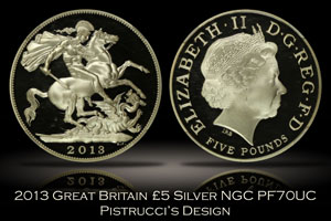 2013 Great Britain £5 Silver Pistrucci's Design NGC PF70UC