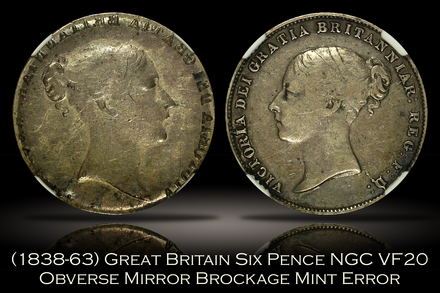 1838-63 Great Britain Six Pence Obverse Mirror Brockage Error NGC VF20