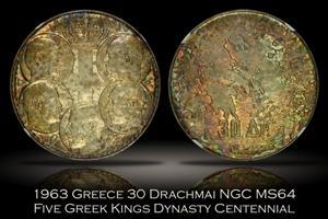 1963 Greece 30 Drachmai Dynasty Centennial NGC MS64