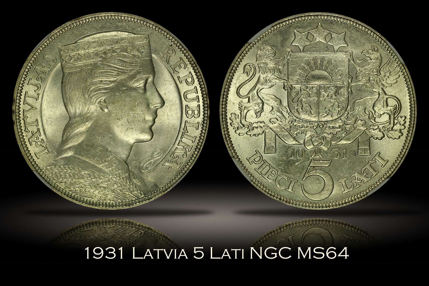 1931 Latvia 5 Lati NGC MS64