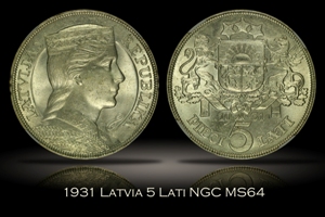 1931 Latvia 5 Lati NGC MS64