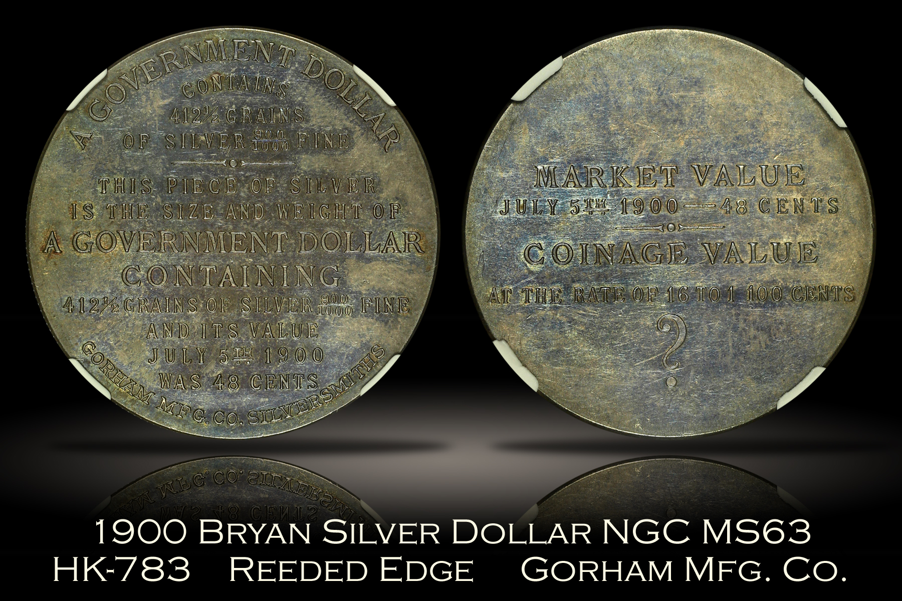 1900 Bryan Silver Dollar HK-783 Reeded Edge Gorham NGC MS63