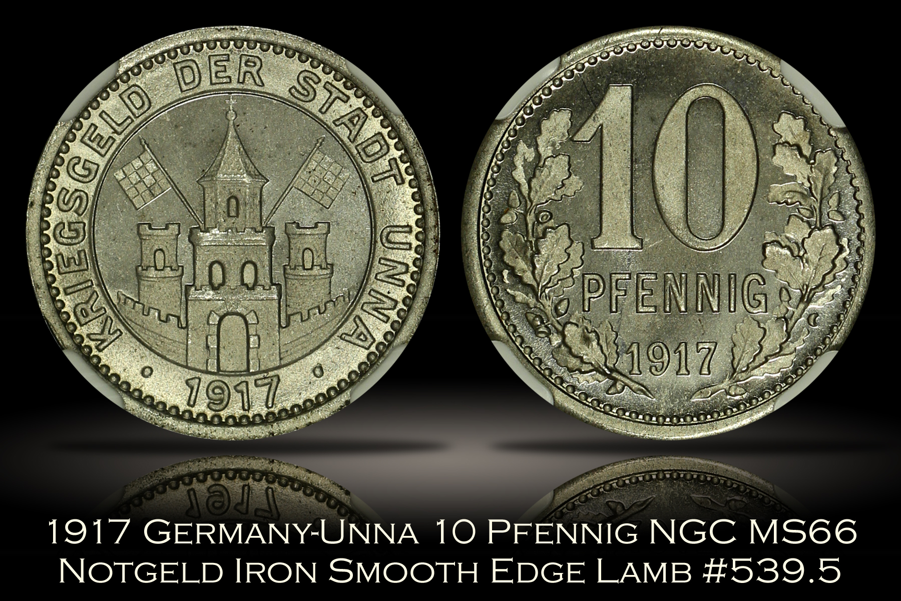 1917 Notgeld Germany Unna Iron Smooth Edge 10 Pfennig Lamb 539.5 NGC MS66